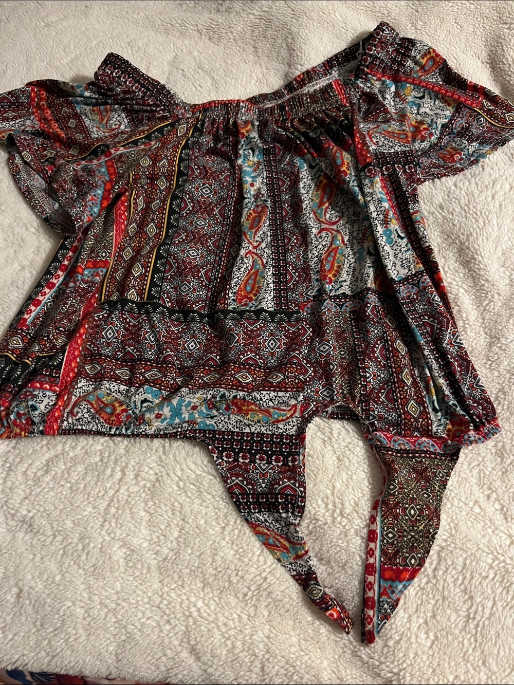Roommates Off-Shoulder Paisley & Geometric Print Top in Red, Blue, Black